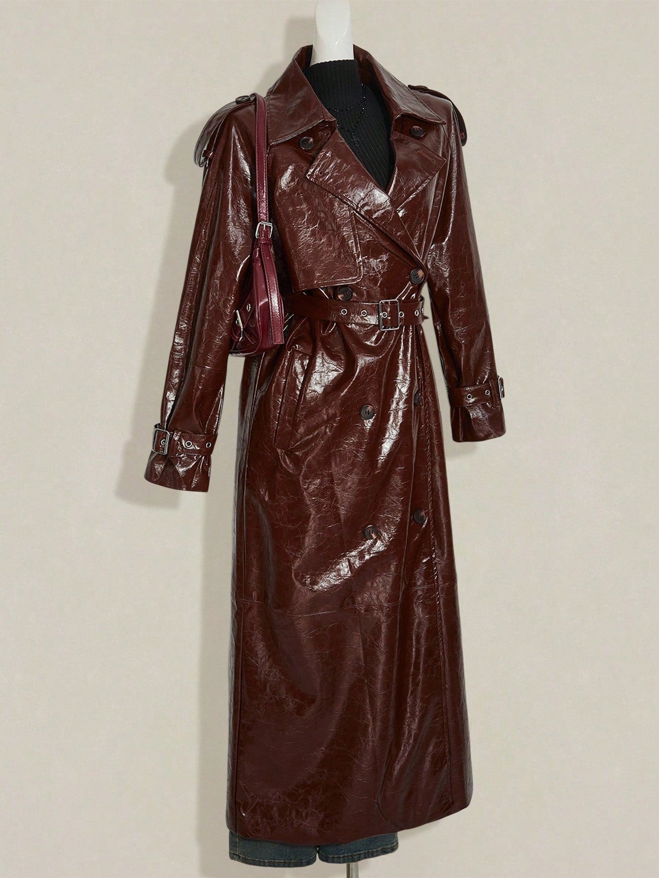 SHEIN ICON Women's Brown Solid Color Long Sleeve PU Leather Jacket Winter Trench Women Coat Halloween Outfits
