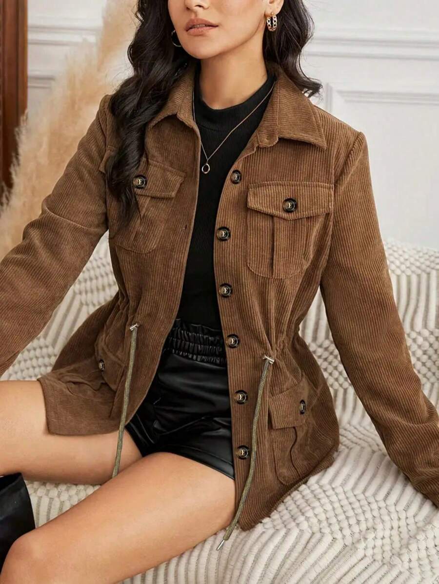 Women's Solid Color Long Sleeve Drawstring Waist Cargo Pocket Casual Jacket