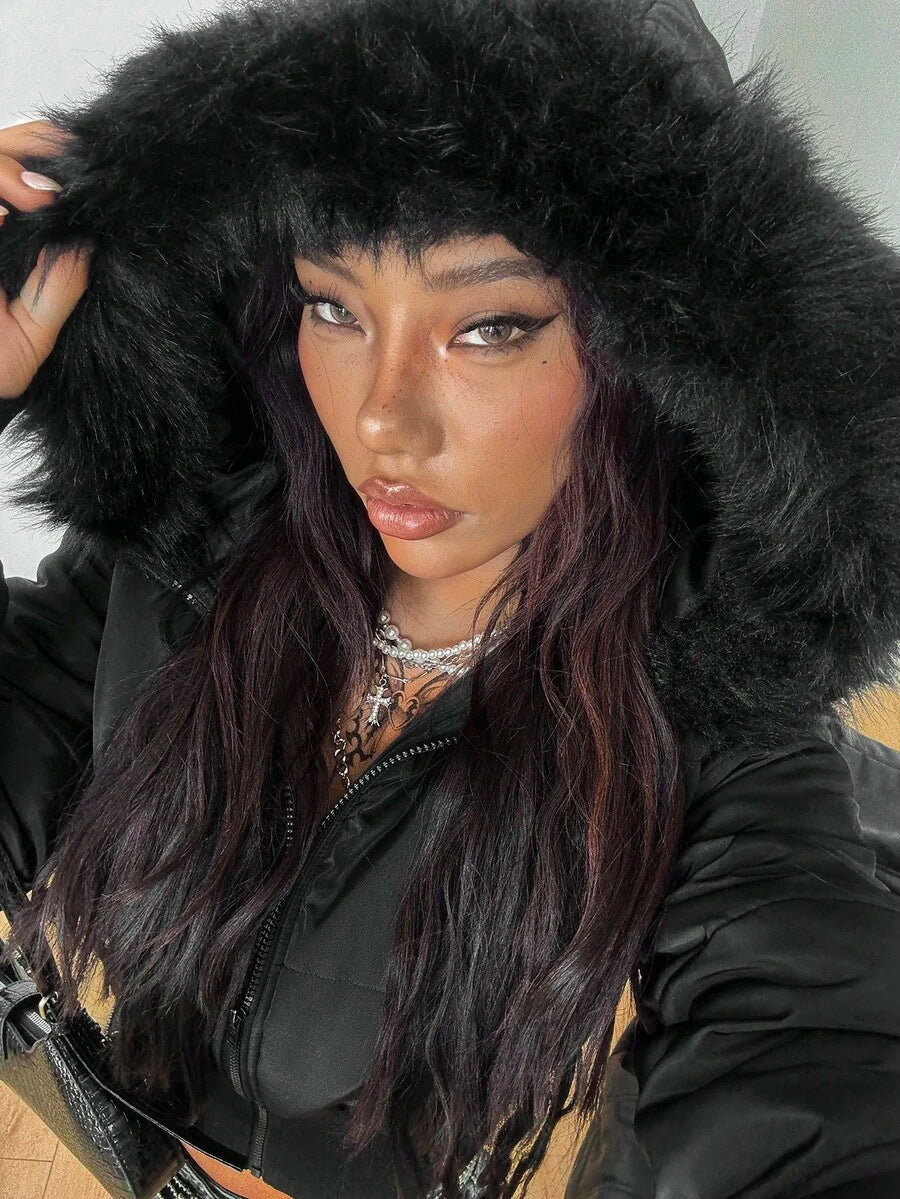 Coolane Women's Winter RETRO PUNK Hippie Grunge  Streetwear  Vintage Tree Branch Pattern Warm/ Cold Weather/ Thermal Padded Fuzzy Neck Zip Up Quilted Coat Cropped Puffer Jacket Faux Fur Trimmed Jacket Camo Jacket