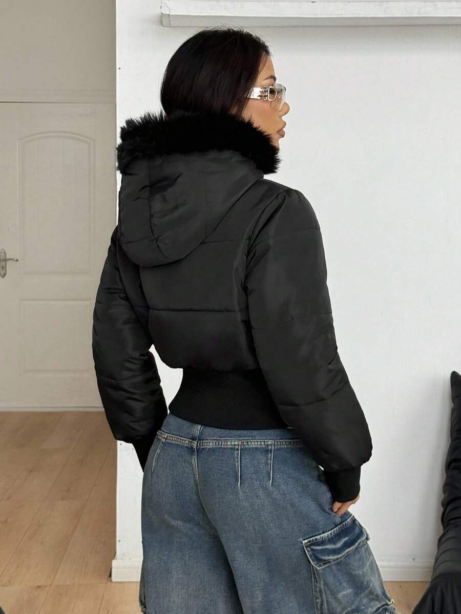 Coolane Women's Winter Streetwear Basic Daily Wear Quilted Coat With Flannelette Hat Brown Warm/ Cold Weather/ Thermal Crop Jacket