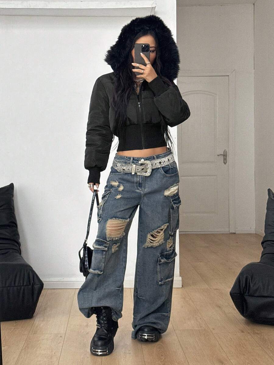 Coolane Women's Winter RETRO PUNK Hippie Grunge  Streetwear  Vintage Tree Branch Pattern Warm/ Cold Weather/ Thermal Padded Fuzzy Neck Zip Up Quilted Coat Cropped Puffer Jacket Faux Fur Trimmed Jacket Camo Jacket