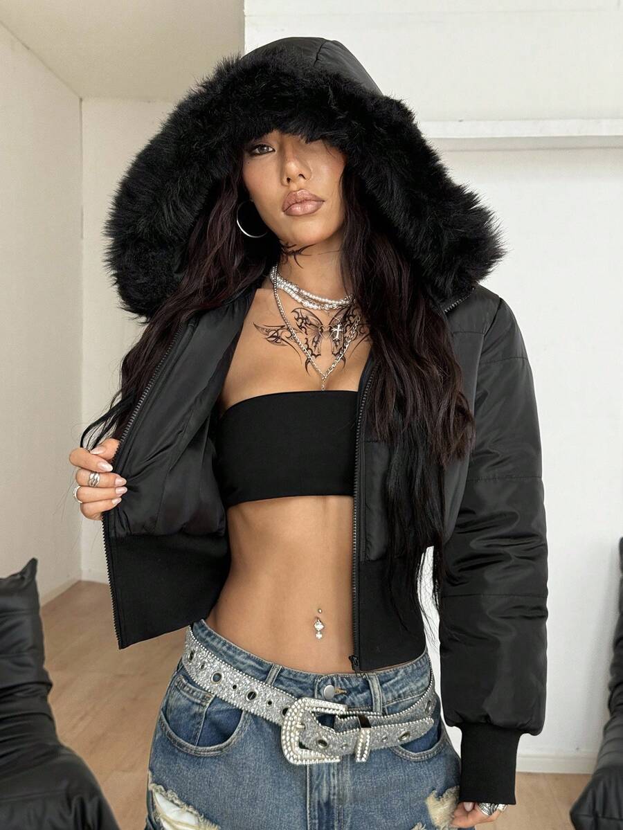 Coolane Women's Winter Streetwear Basic Daily Wear Quilted Coat With Flannelette Hat Brown Warm/ Cold Weather/ Thermal Crop Jacket