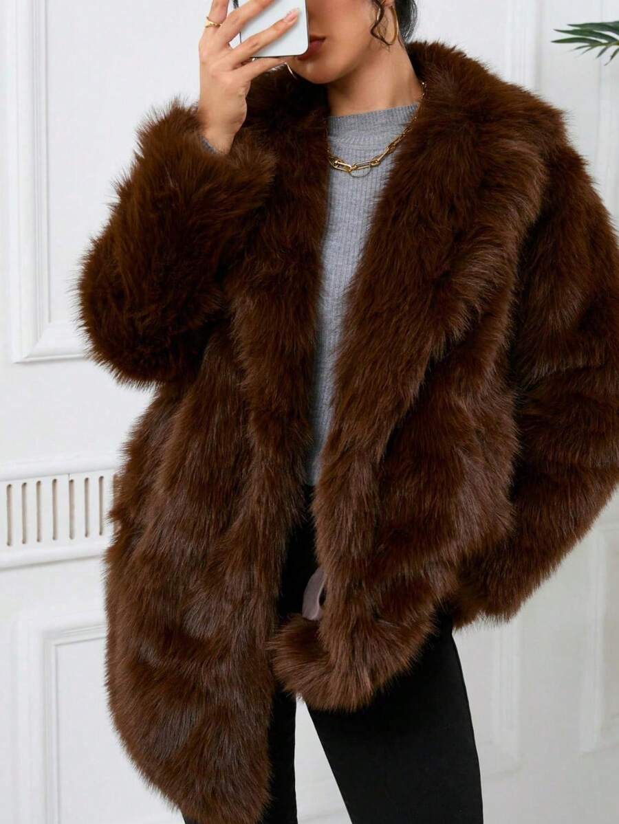 DEEKA Women's Winter New European & American Faux Fur Warm Oversized Plus Size Coat