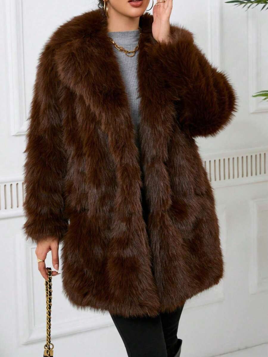 DEEKA Women's Winter New European & American Faux Fur Warm Oversized Plus Size Coat