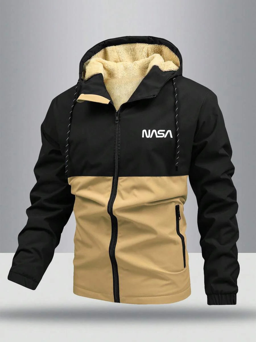 Manfinity Homme Loose-Fit Men's Color Block Letter Print Hooded Fleece Outdoor Windbreaker Jacket Autumn Coat