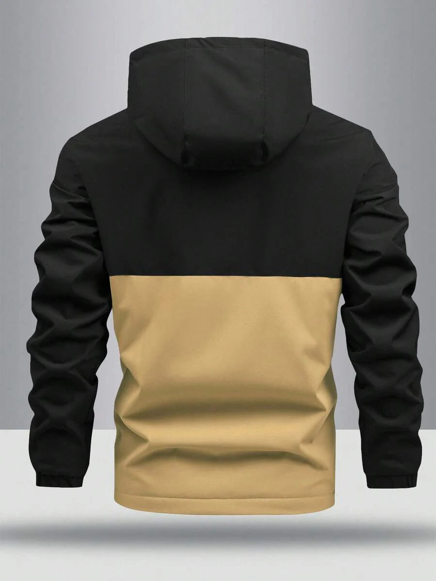 Manfinity Homme Loose-Fit Men's Color Block Letter Print Hooded Fleece Outdoor Windbreaker Jacket Autumn Coat