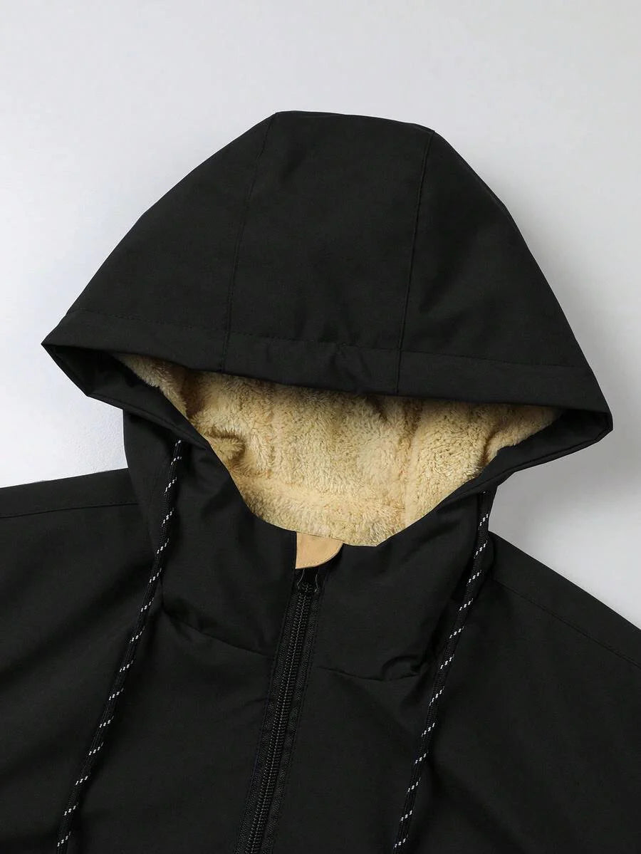 Manfinity Homme New Men's Autumn Winter Outdoor Warm Letter Graphic Colorblock Hooded Fleece Lined Jacket, Windproof Outdoor Windbreaker