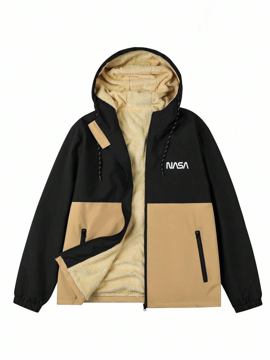 Manfinity Homme New Men's Autumn Winter Outdoor Warm Letter Graphic Colorblock Hooded Fleece Lined Jacket, Windproof Outdoor Windbreaker
