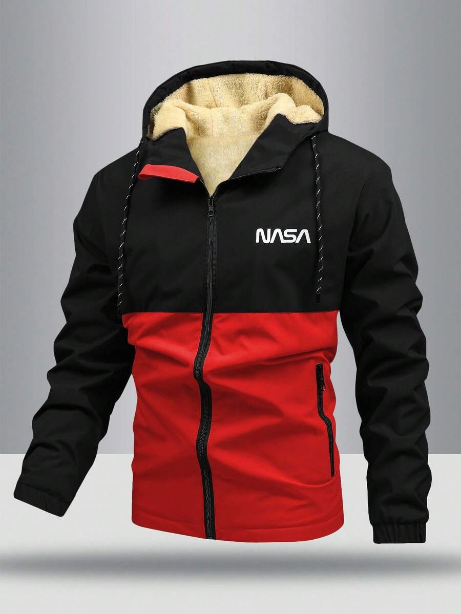 Manfinity Homme New Men's Autumn Winter Outdoor Warm Letter Graphic Colorblock Hooded Fleece Lined Jacket, Windproof Outdoor Windbreaker