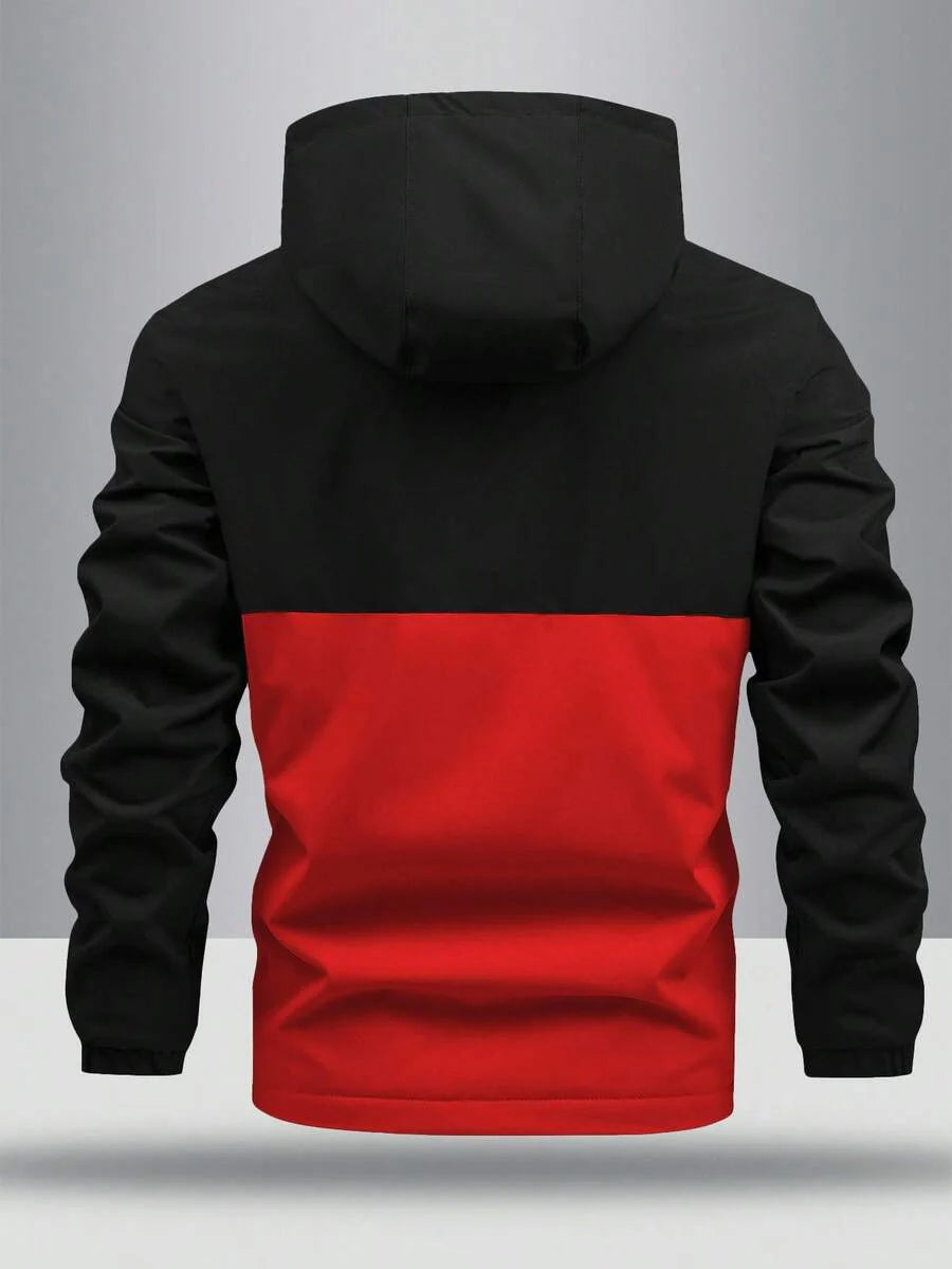 Manfinity Homme New Men's Autumn Winter Outdoor Warm Letter Graphic Colorblock Hooded Fleece Lined Jacket, Windproof Outdoor Windbreaker