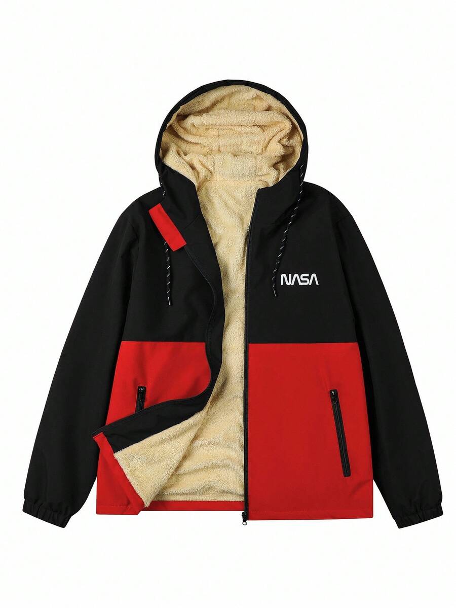 Manfinity Homme Loose-Fit Men's Color Block Letter Print Hooded Fleece Outdoor Windbreaker Jacket Autumn Coat