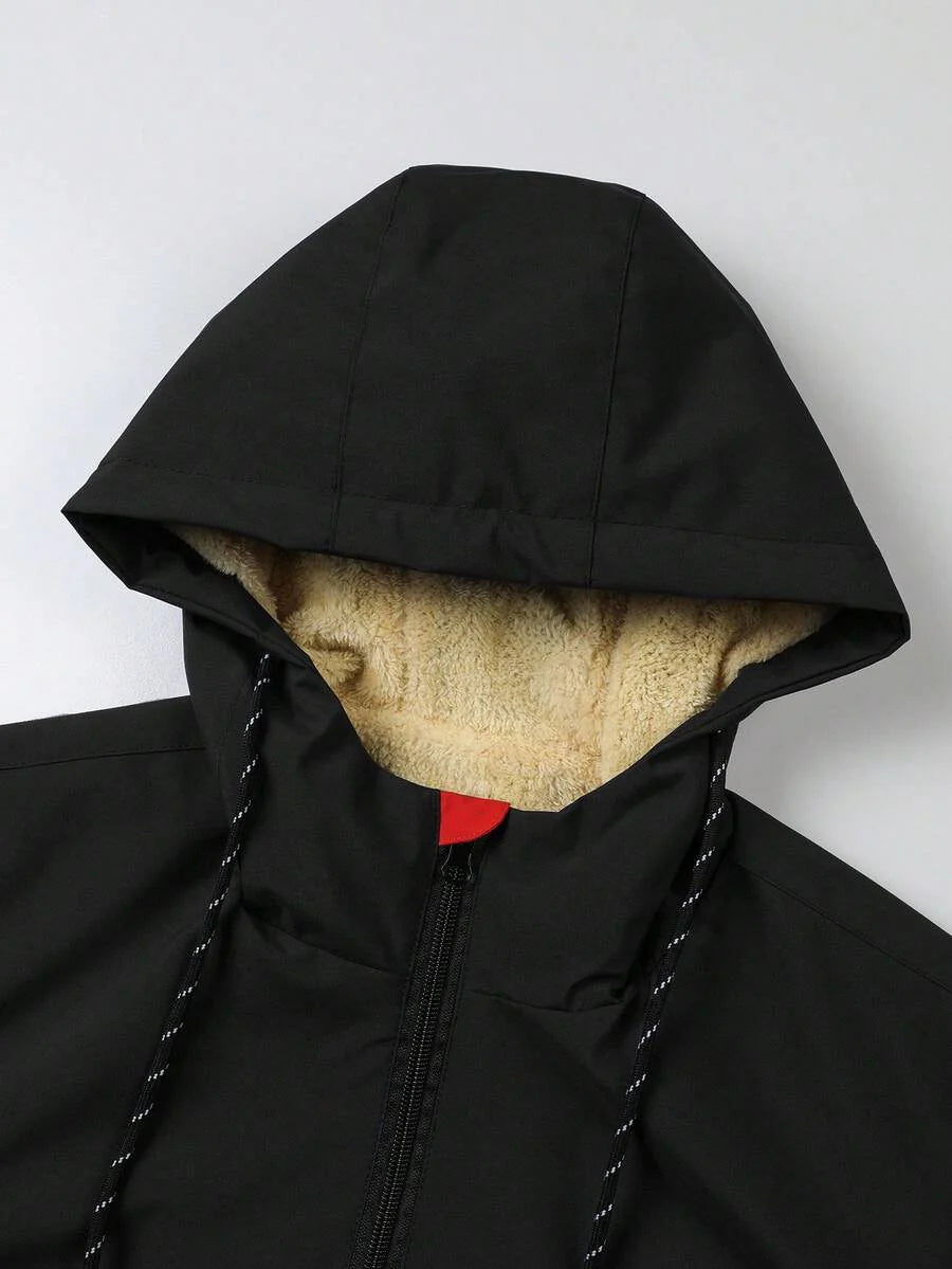Manfinity Homme Loose-Fit Men's Color Block Letter Print Hooded Fleece Outdoor Windbreaker Jacket Autumn Coat