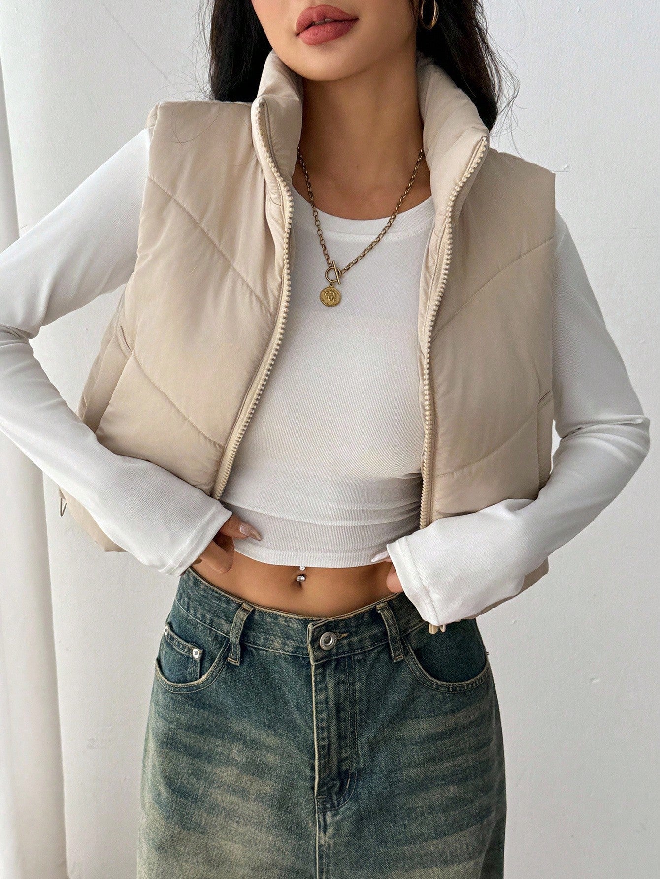 SHEIN PETITE Women's Casual Solid Color Sleeveless Zip-Up Padded Coat Cropped Puffer Vest In Fall/Winter