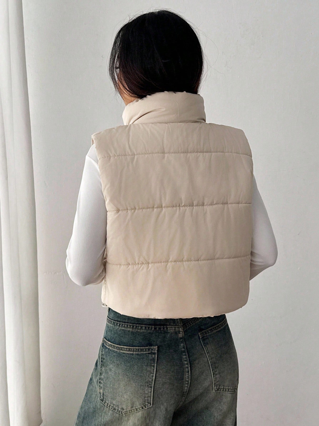 SHEIN PETITE Women's Casual Solid Color Sleeveless Zip-Up Padded Coat Cropped Puffer Vest In Fall/Winter