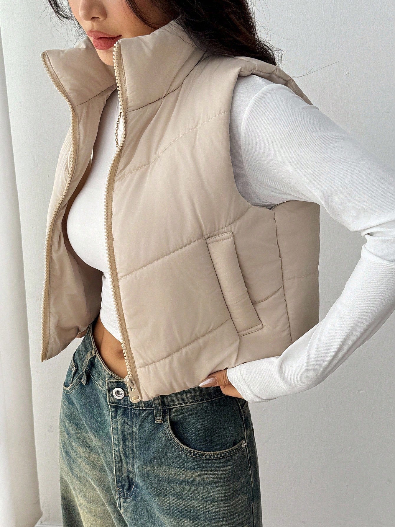 SHEIN PETITE Women's Casual Solid Color Sleeveless Zip-Up Padded Coat Cropped Puffer Vest In Fall/Winter