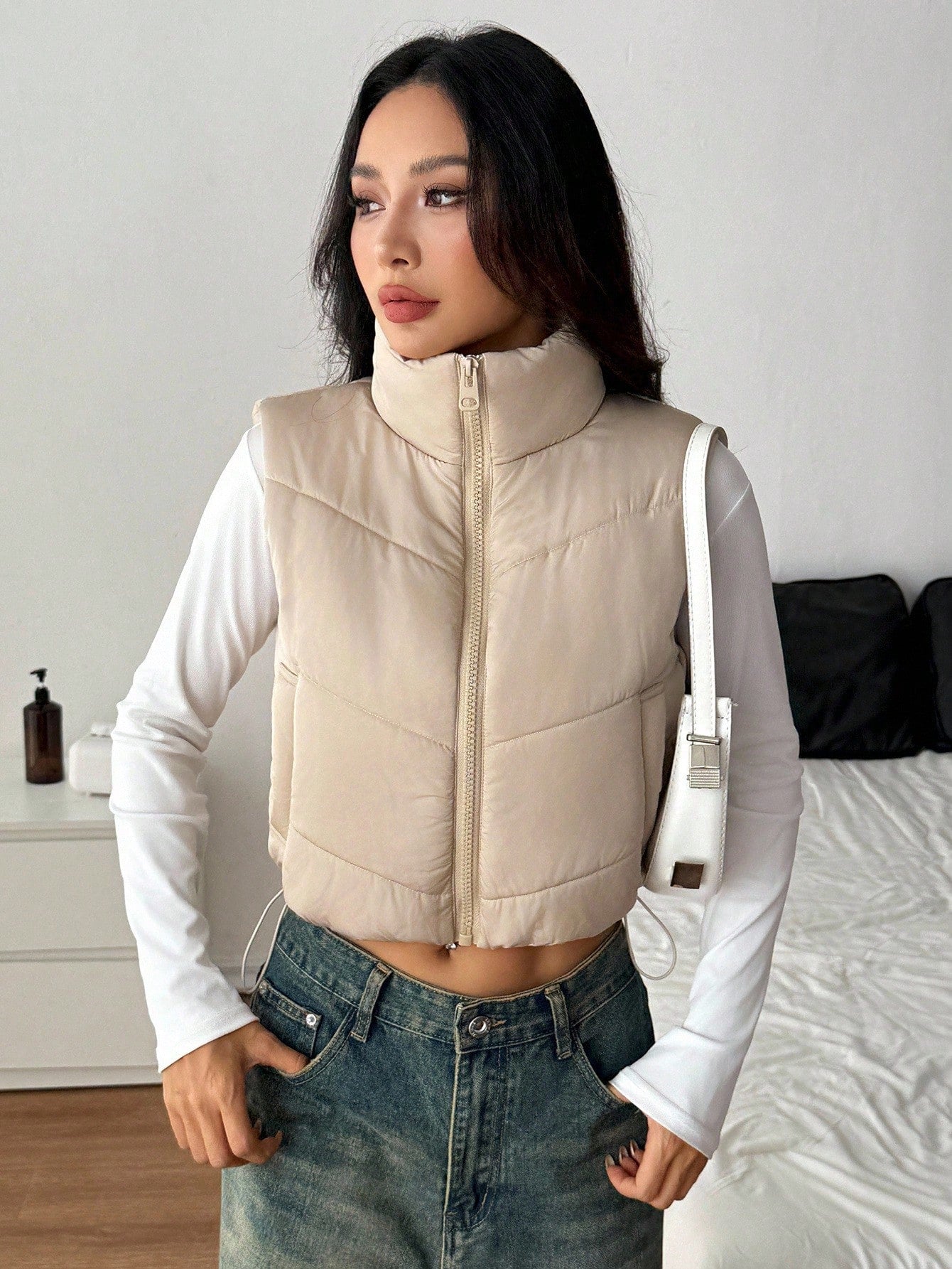 SHEIN PETITE Women's Casual Solid Color Sleeveless Zip-Up Padded Coat Cropped Puffer Vest In Fall/Winter