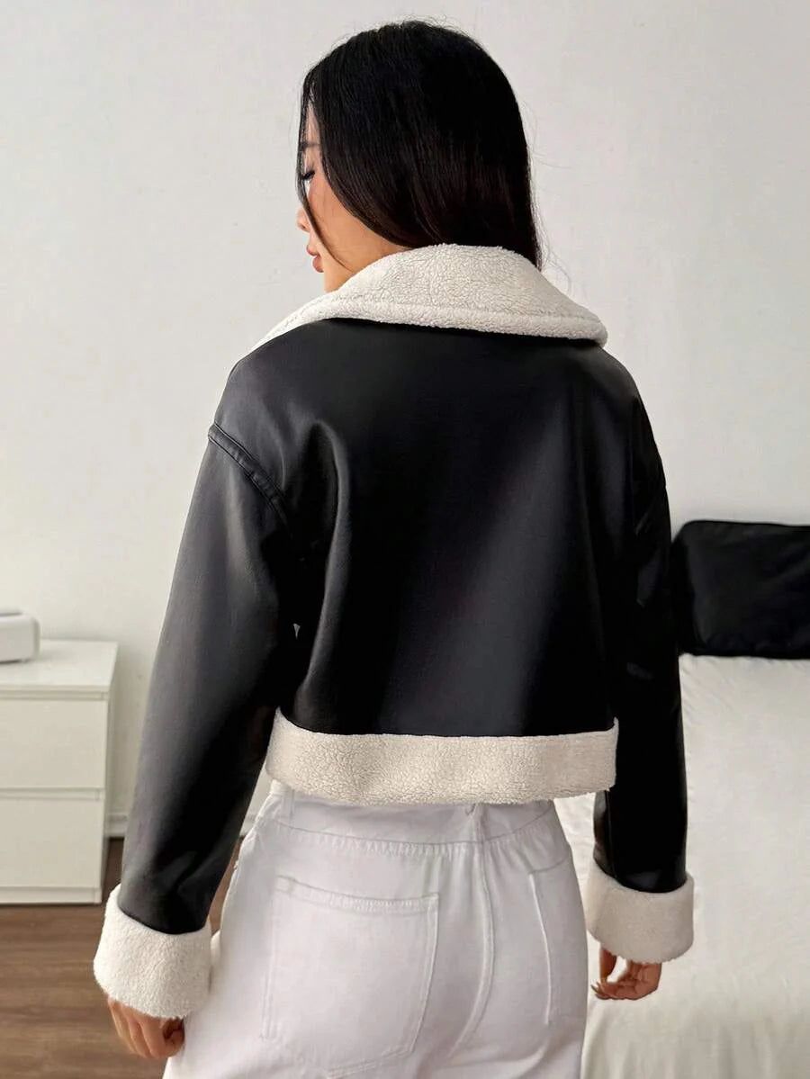 SHEIN PETITE 1pc Women Casual Fuzzy Trim Zip-Up Jacket, Autumn Bomber Jacket