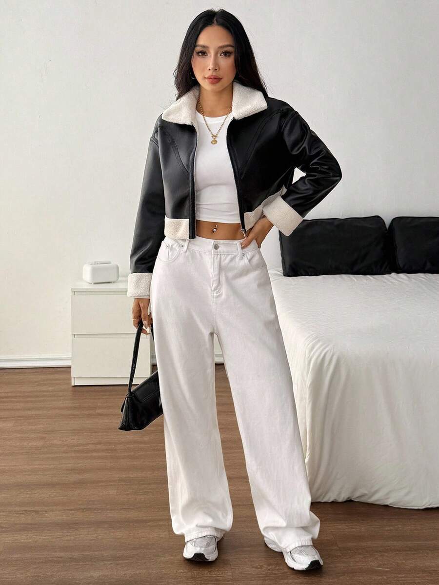 SHEIN PETITE 1pc Women Casual Fuzzy Trim Zip-Up Jacket, Autumn Bomber Jacket