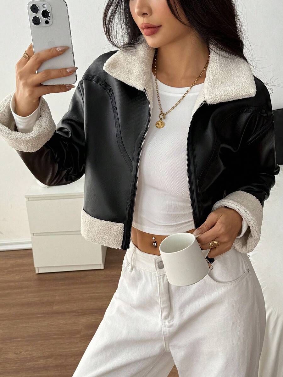 SHEIN PETITE 1pc Women Casual Fuzzy Trim Zip-Up Jacket, Autumn Bomber Jacket