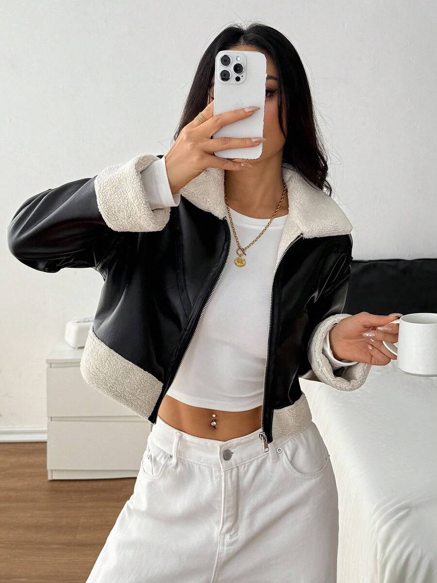 SHEIN PETITE 1pc Women Casual Fuzzy Trim Zip-Up Jacket, Autumn Bomber Jacket