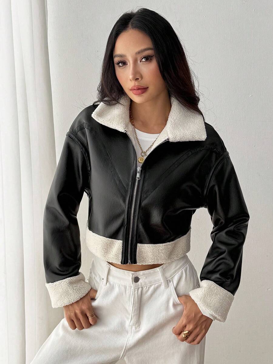 SHEIN PETITE 1pc Women Casual Fuzzy Trim Zip-Up Jacket, Autumn Bomber Jacket