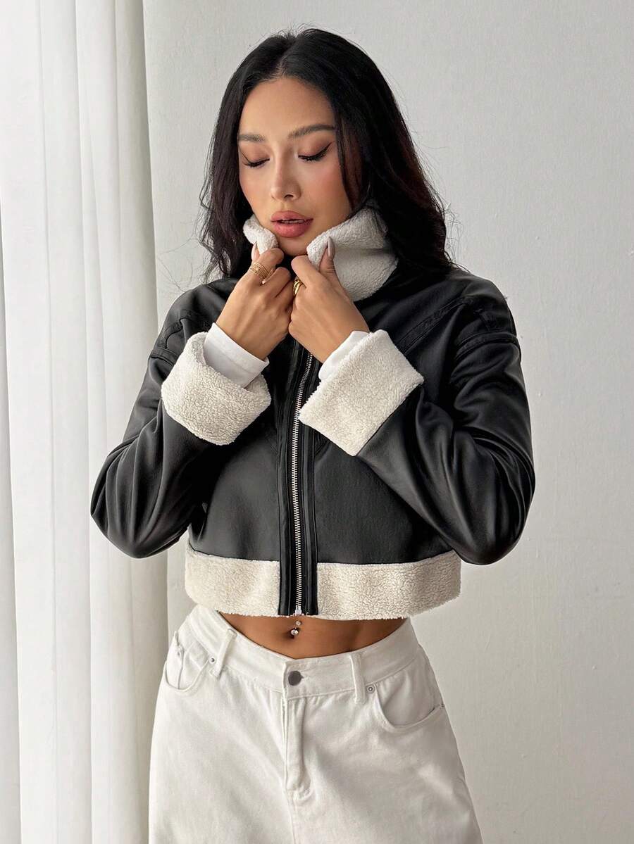 SHEIN PETITE 1pc Women Casual Fuzzy Trim Zip-Up Jacket, Autumn Bomber Jacket