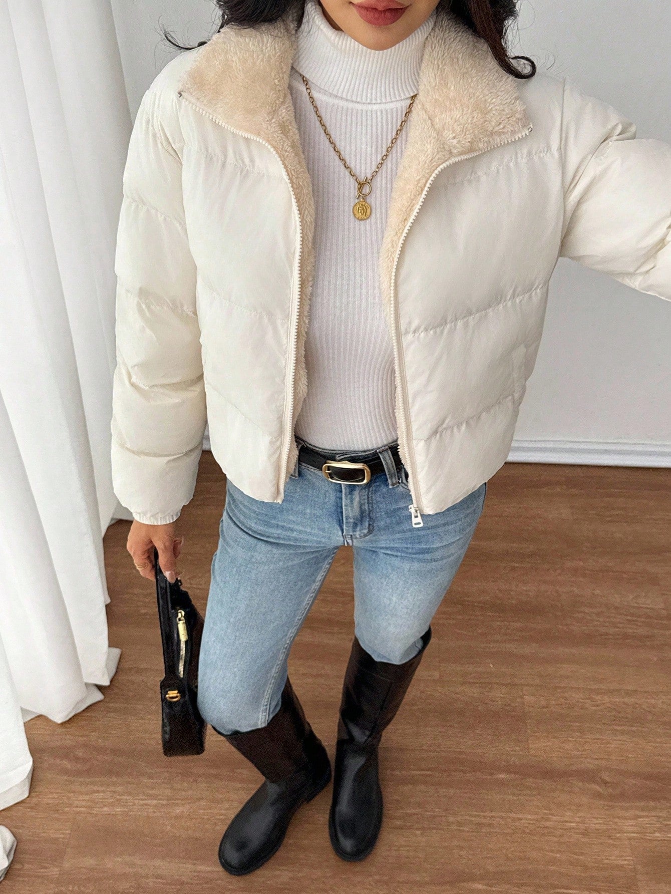 SHEIN PETITE Women's Padded Coat With Zipper, Daily Wear, Autumn/Winter White Winter Coat Puffer Jacket Winter Jackets For Women Outerwear Women Puffer Jacket Women Winter Puffer Jacket Women Puffer Jackets