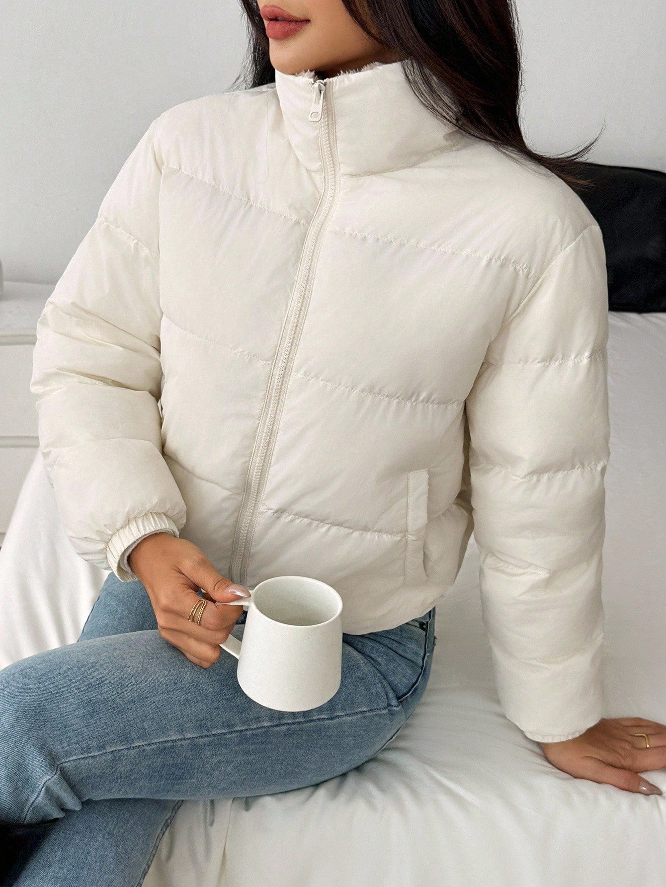 SHEIN PETITE Women's Padded Coat With Zipper, Daily Wear, Autumn/Winter White Winter Coat Puffer Jacket Winter Jackets For Women Outerwear Women Puffer Jacket Women Winter Puffer Jacket Women Puffer Jackets