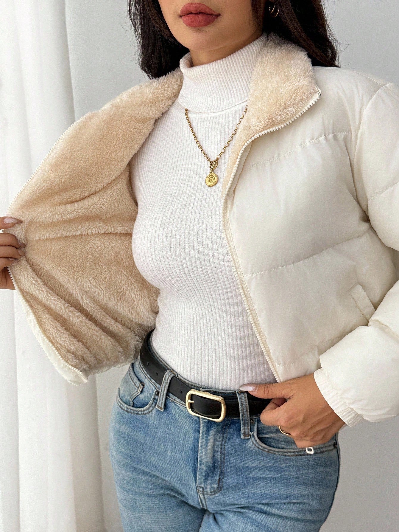 SHEIN PETITE Women's Padded Coat With Zipper, Daily Wear, Autumn/Winter White Winter Coat Puffer Jacket Winter Jackets For Women Outerwear Women Puffer Jacket Women Winter Puffer Jacket Women Puffer Jackets