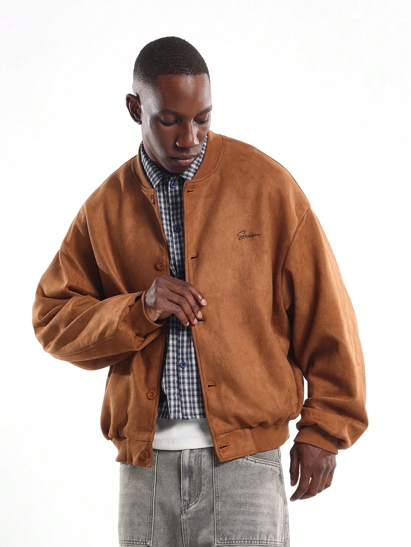 SUMWON Premium Suede Bomber Jacket Classic Ribbed Collar Winter Fall Outerwear Button Front Casual Fashion Urban Street Style Menswear
