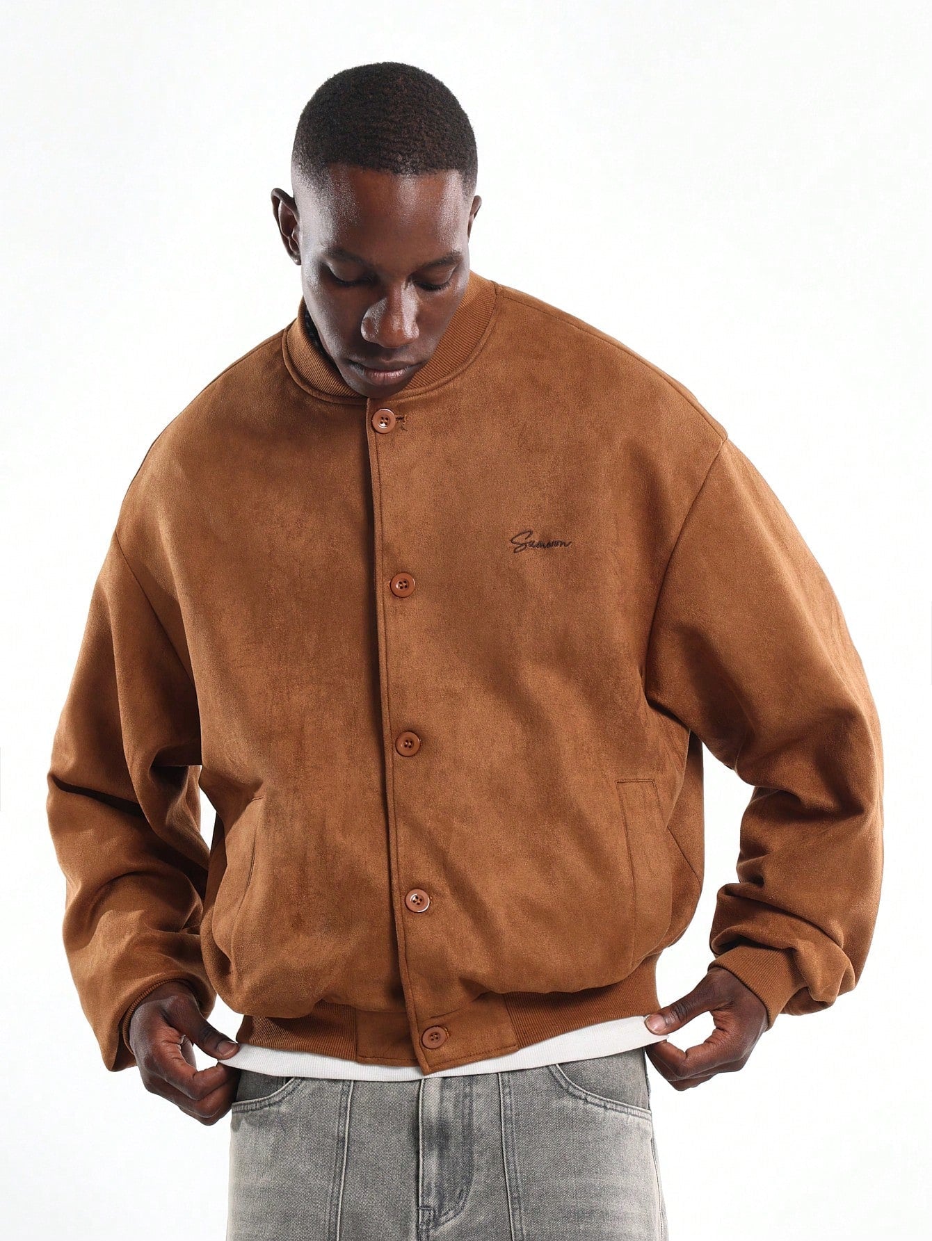 SUMWON Premium Suede Bomber Jacket Classic Ribbed Collar Winter Fall Outerwear Button Front Casual Fashion Urban Street Style Menswear