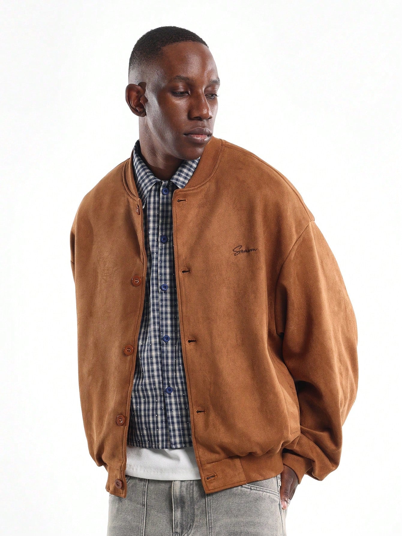 SUMWON Premium Suede Bomber Jacket Classic Ribbed Collar Winter Fall Outerwear Button Front Casual Fashion Urban Street Style Menswear