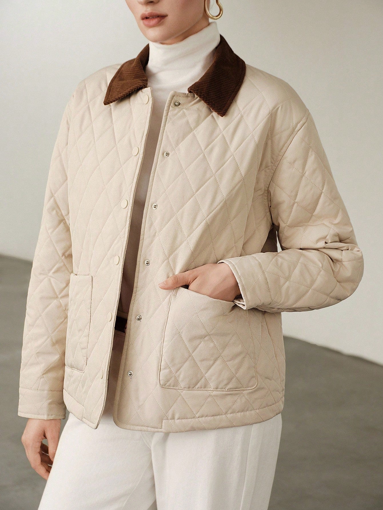 Uhlyne Corduroy Collar Quilted Cotton Jacket, Featuring Diamond Quilting Design, Well-Padded