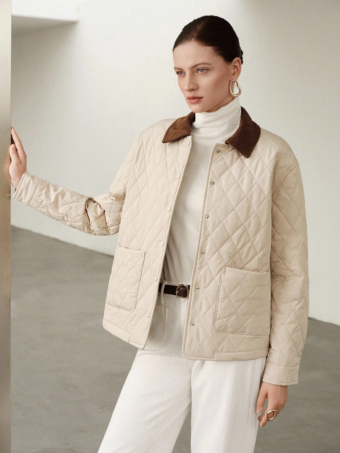 Uhlyne Corduroy Collar Quilted Cotton Jacket, Featuring Diamond Quilting Design, Well-Padded