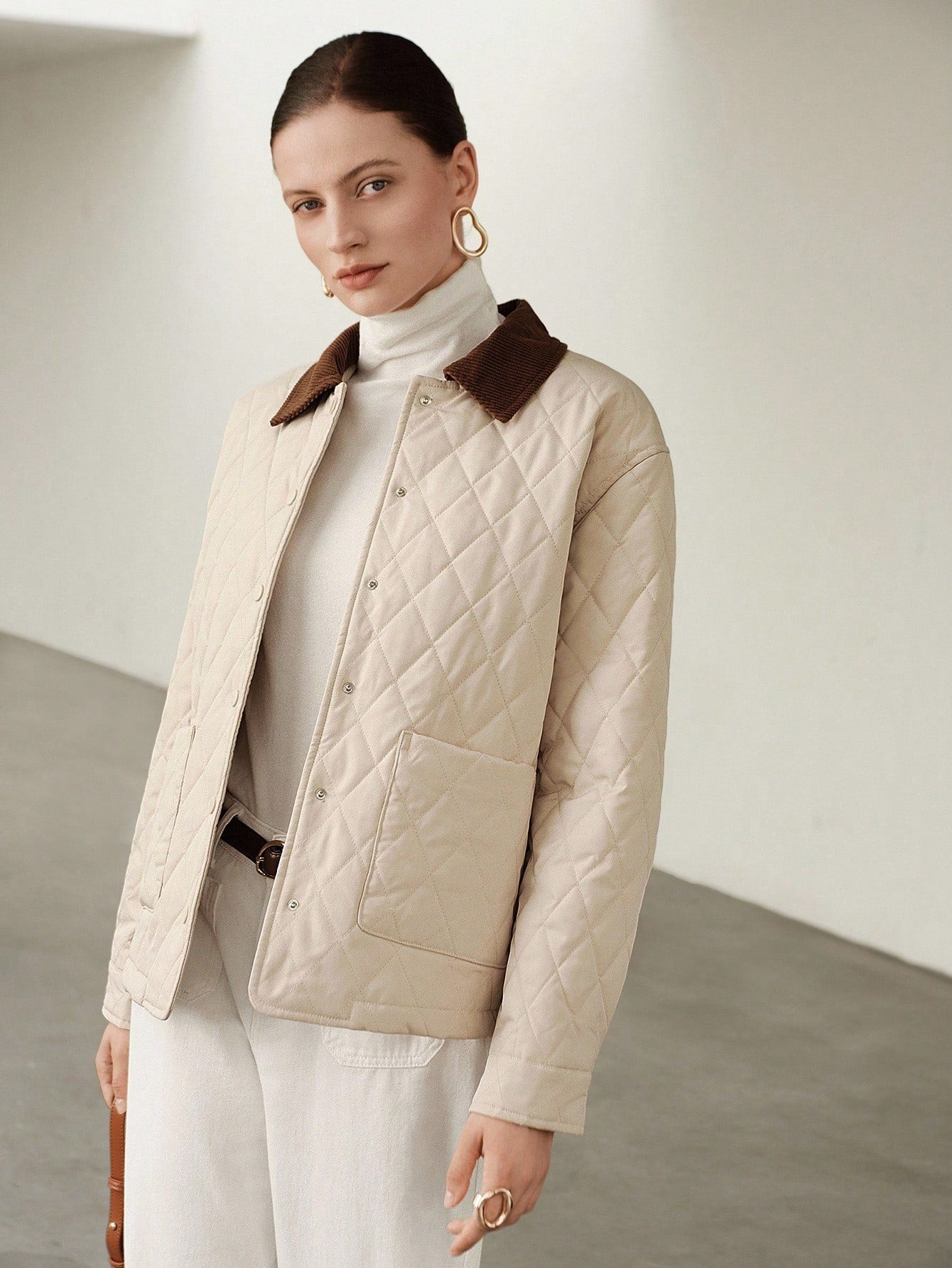Uhlyne Corduroy Collar Quilted Cotton Jacket, Featuring Diamond Quilting Design, Well-Padded