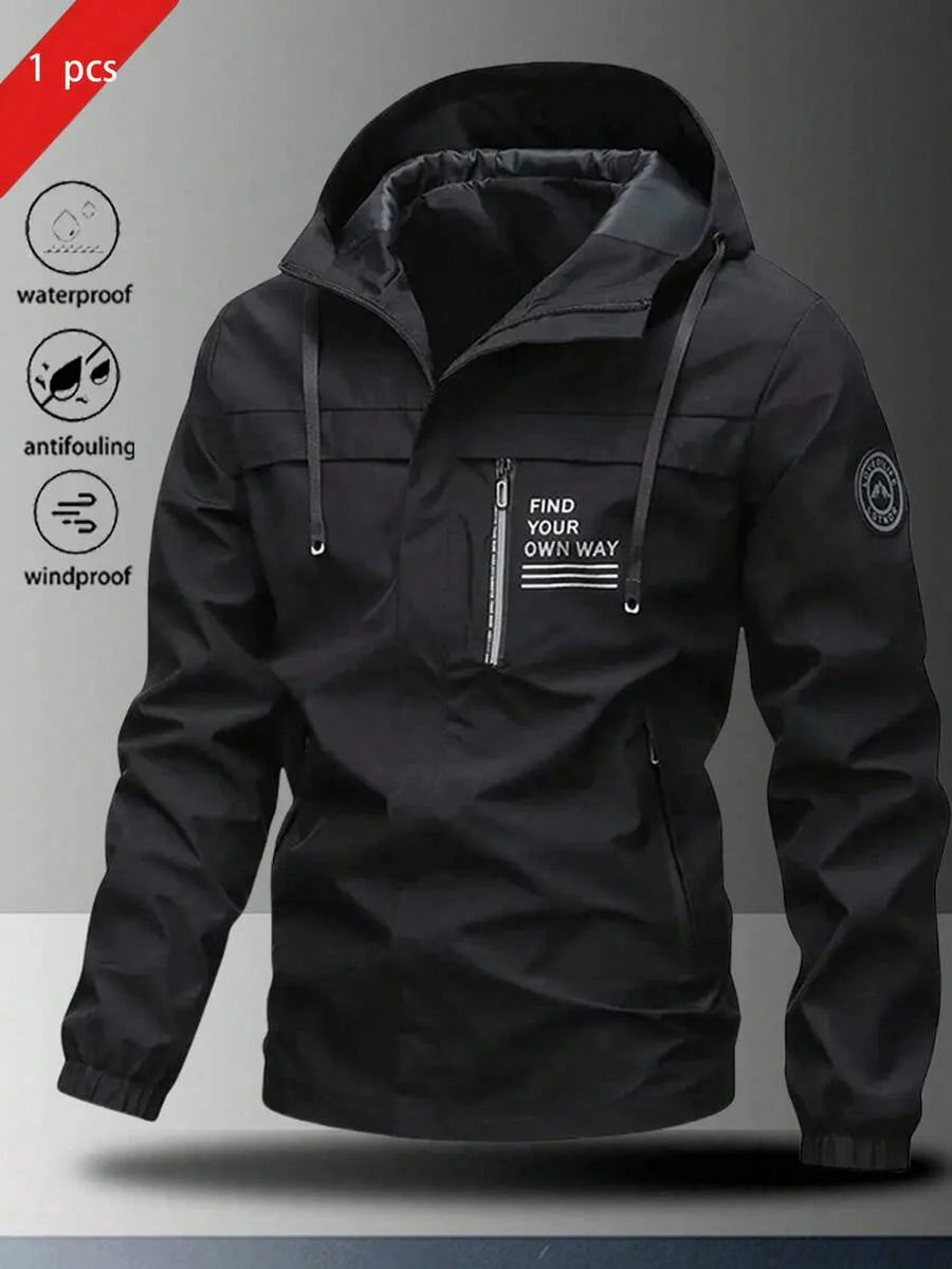 1pc Men's Lightweight Windproof Waterproof Hooded Jacket With Letter Print, Casual Outdoor Hiking Camping Workout, Autumn/Winter