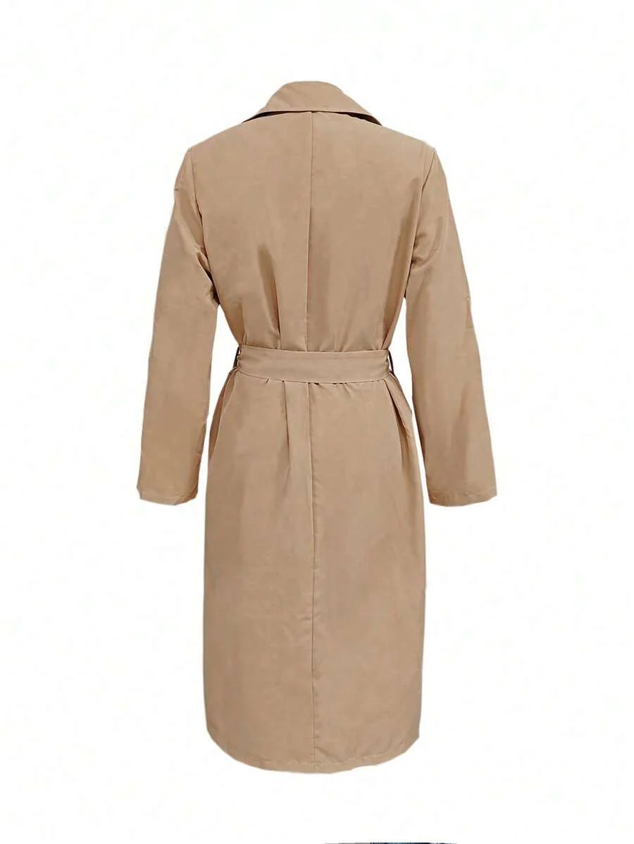 Women's Solid Color Long Sleeve Single-Breasted Casual Trench Coat, Suitable For Autumn/Winter Daily Wear