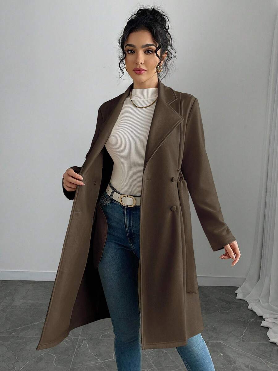 RosyDaze Women's Solid Color Faux Suede Double-Breasted Side Pocket Regular Jacket Fall Winter Cloth For Women