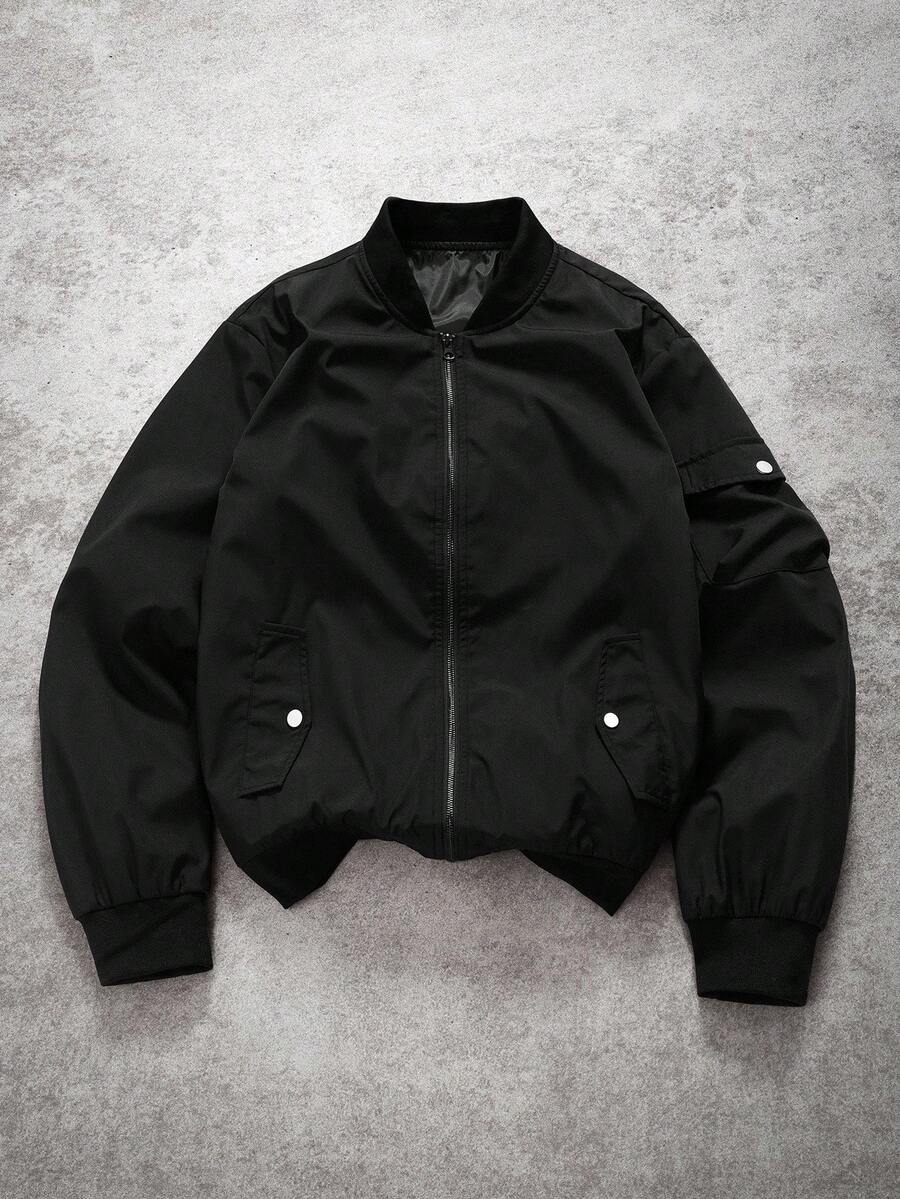 Manfinity EMRG Men's Solid Color Zipper Fashion Versatile Outdoor Windbreaker Jacket Black Bomber