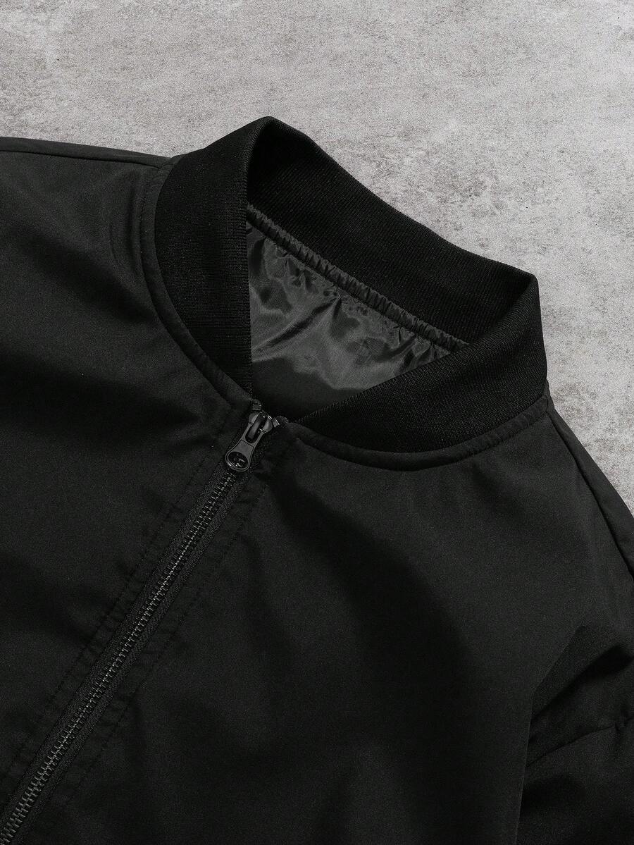 Manfinity EMRG Men's Solid Color Zipper Fashion Versatile Outdoor Windbreaker Jacket Black Bomber