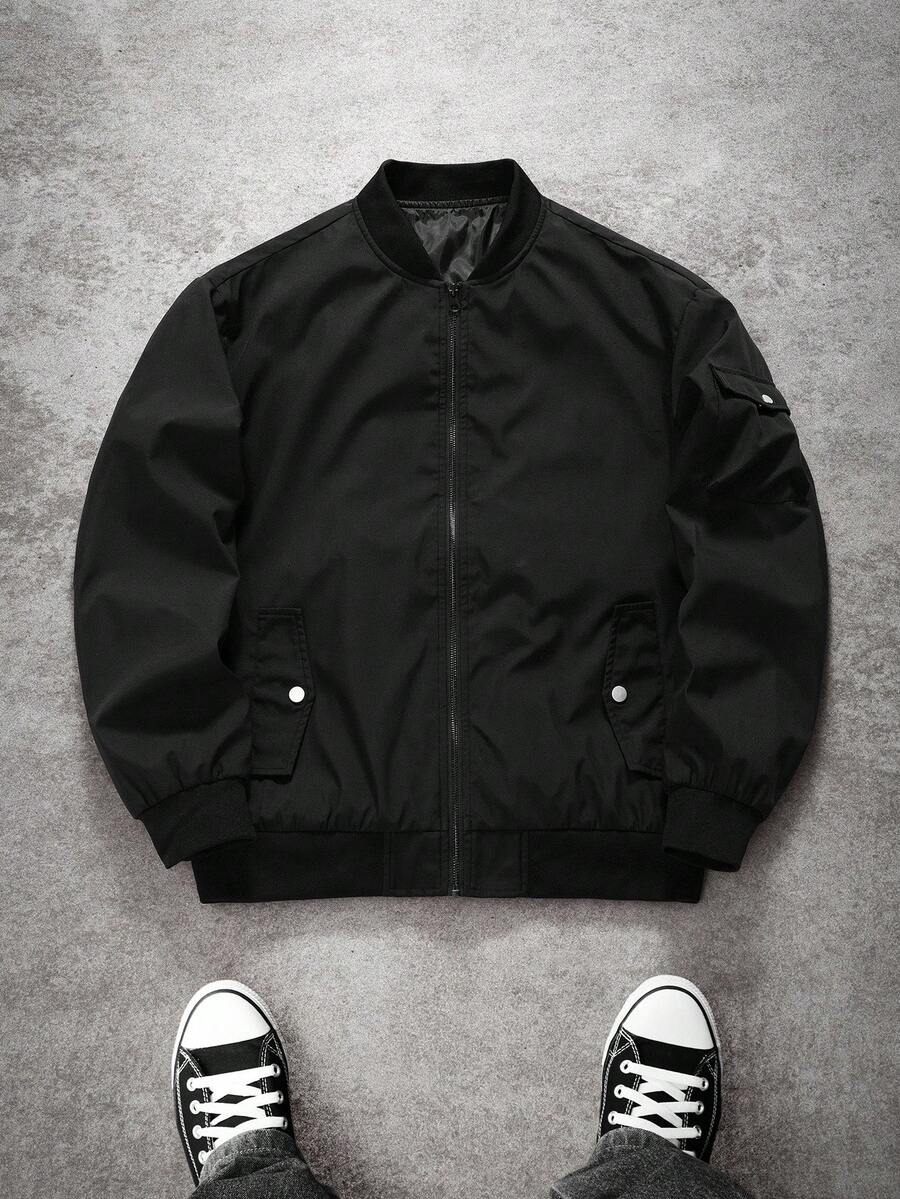 Manfinity EMRG Men's Solid Color Zipper Fashion Versatile Outdoor Windbreaker Jacket Black Bomber