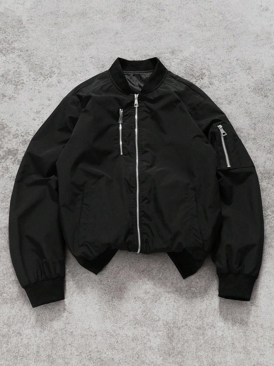 Manfinity EMRG Men's Solid Color Zipper Fashion Versatile Outdoor Windbreaker Jacket Black Bomber