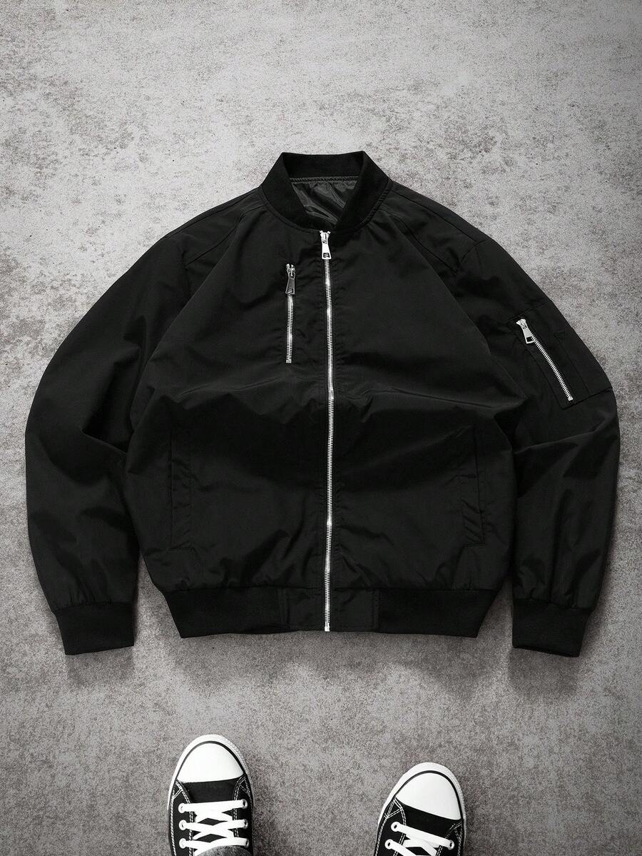 Manfinity EMRG Men's Solid Color Zipper Fashion Versatile Outdoor Windbreaker Jacket Black Bomber