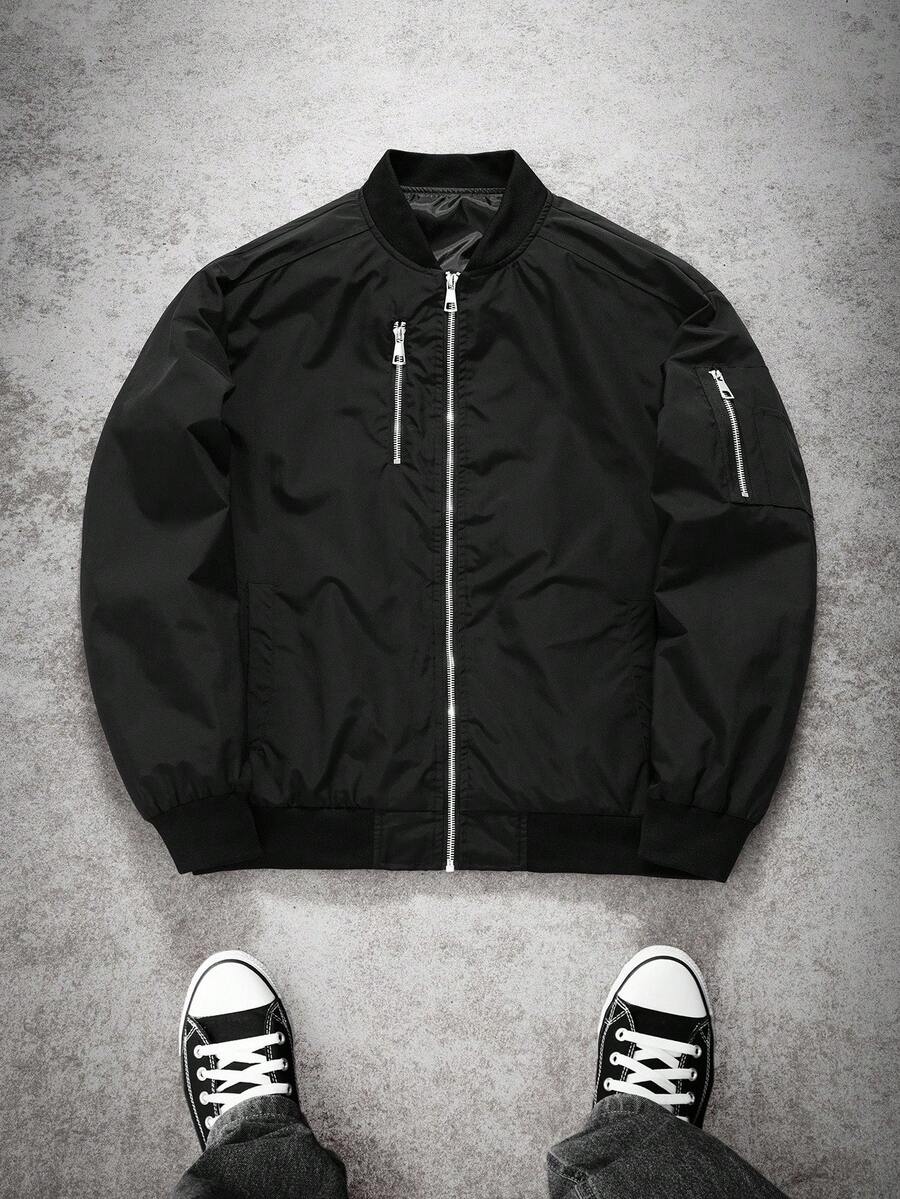 Manfinity EMRG Men's Solid Color Zipper Fashion Versatile Outdoor Windbreaker Jacket Black Bomber