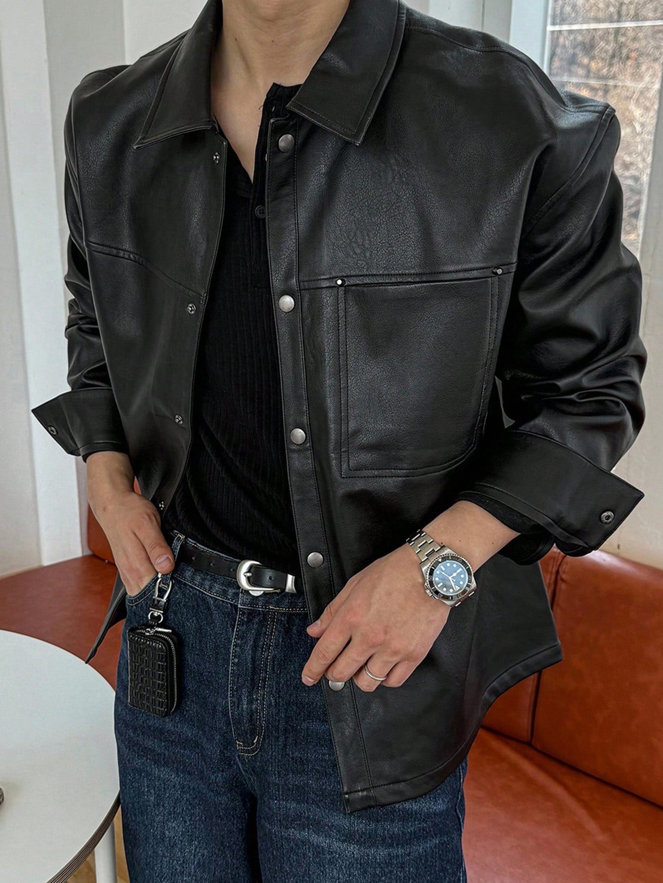 DAZY Men's Black Solid Color PU Leather Jacket, Autumn Long Sleeve Men Shirt