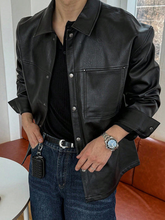 DAZY Men's Black Solid Color PU Leather Jacket, Autumn Long Sleeve Men Shirt