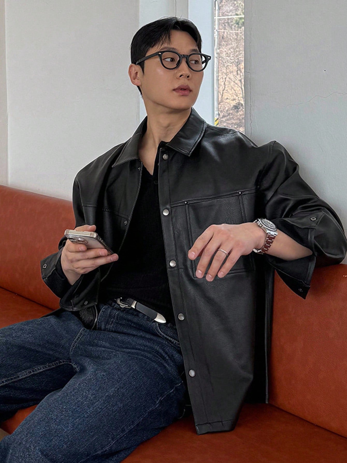 DAZY Men's Black Solid Color PU Leather Jacket, Autumn Long Sleeve Men Shirt