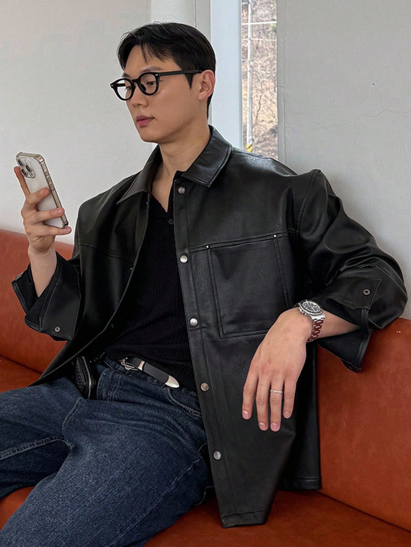 DAZY Men's Black Solid Color PU Leather Jacket, Autumn Long Sleeve Men Shirt