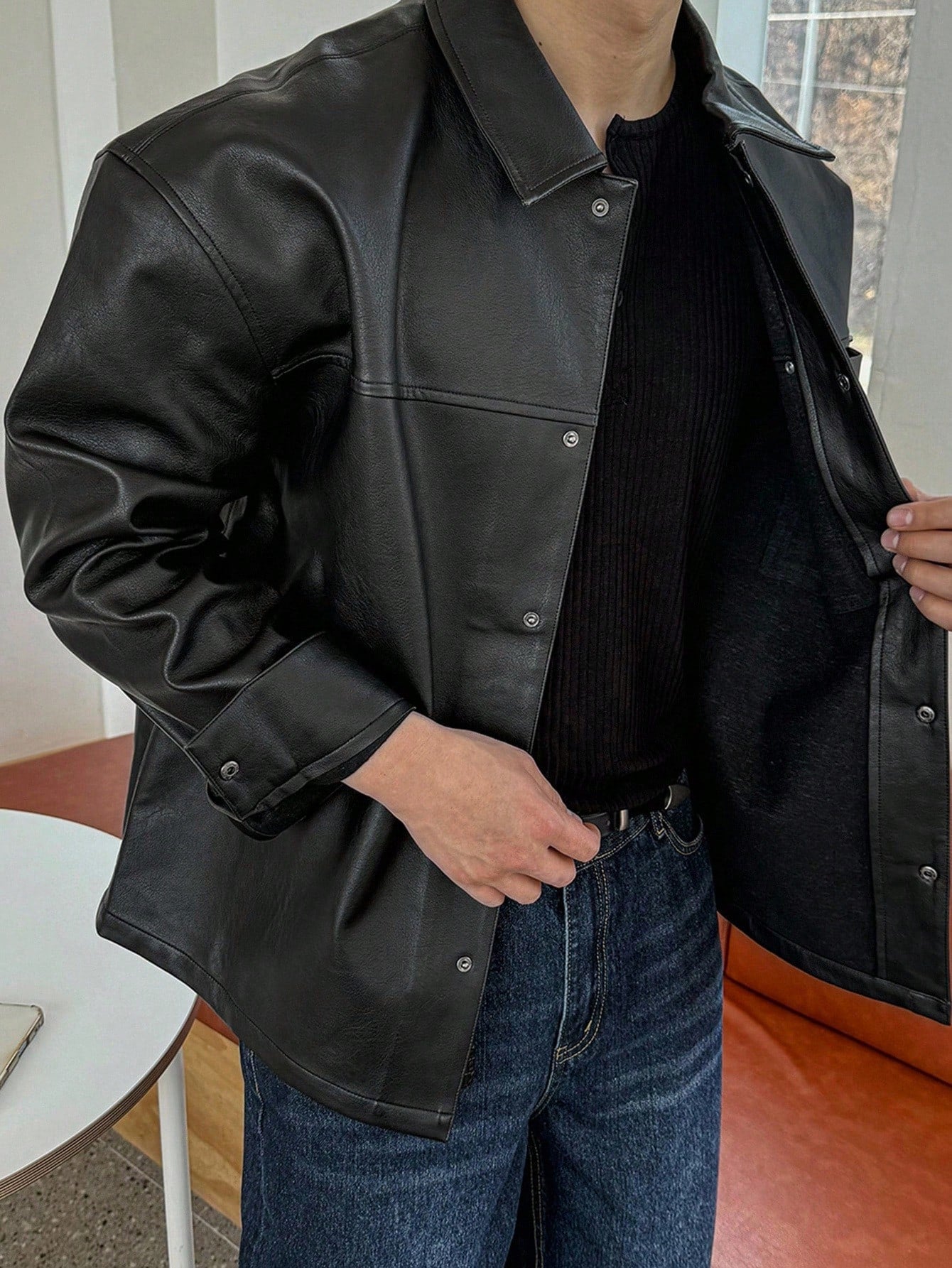DAZY Men's Black Solid Color PU Leather Jacket, Autumn Long Sleeve Men Shirt
