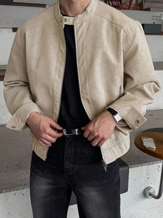 DAZY Men's Solid Color Suede Fabric Collar Adjustable Button Design Gray Jacket And Coat, Autumn